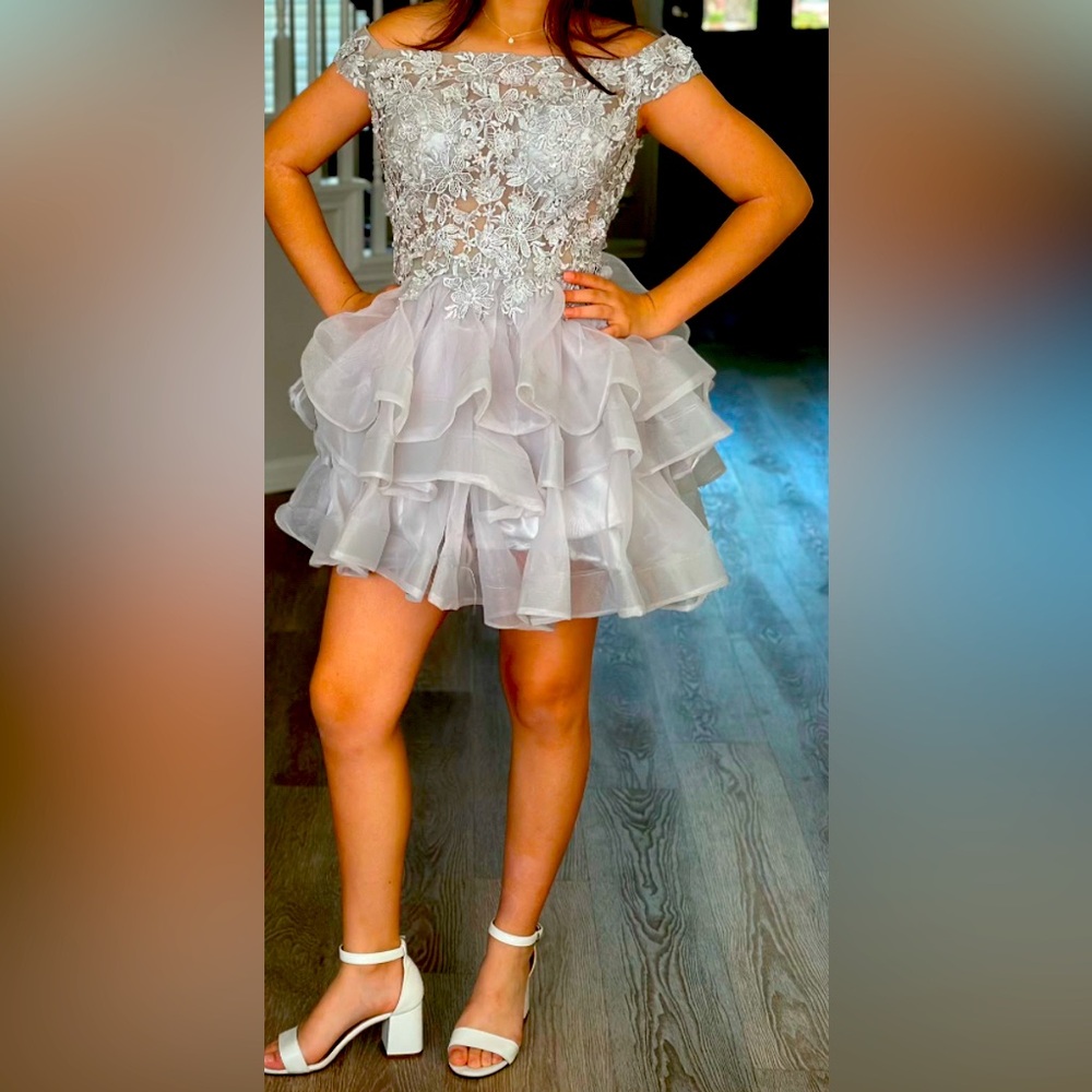 Gray lace quinceañera court dress.